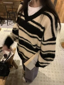 DAZY Women's V-Neck Striped Korean Style Long Sleeve Sweater, Autumn/Winter - Grey - View 6