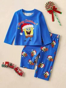 SpongeBob SquarePants | SHEIN Baby Boy Letter Cartoon Print Long Sleeve Top And Pants Loungewear Set - Multicolor - View 1