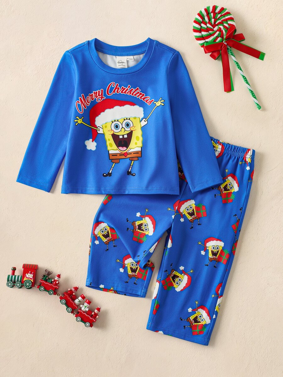 SpongeBob SquarePants | SHEIN Baby Boy Letter Cartoon Print Long Sleeve Top And Pants Loungewear Set - Multicolor - View 1