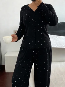 Dazy Plus Set Piyama 2 Potong Celana Panjang Kasual Motif Polkadot Modis untuk Pakaian Rumah Musim Semi dan Gugur, Model Baru yang Lucu - Hitam - View 4