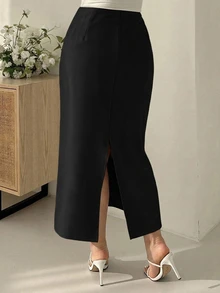 Dazy Plus Solid Color Elegant Fitted Long Versatile Fun Commuter Black Skirt - Black - View 3