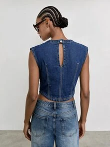Maija Women's Crew Neck Cropped Casual Denim Top - Blue - View 2