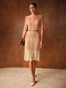 MOTF PREMIUM GAUN RAJUT KASUAL MUSIM PANAS WANITA DENGAN MOTIF BLOK WARNA - Dusty Pink - View 1