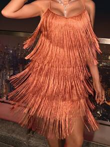 BELROSIE Fringe Trim Cami Dress Holiday Party Dress  - Orange - View 3