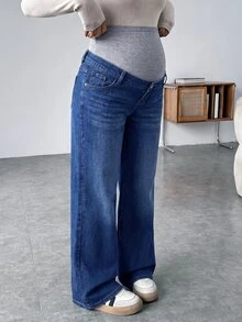 SHEIN Maternity Grey Knit Belly Support Patchwork Vintage Blue Denim Loose Fit Long Pants - Blue - View 7