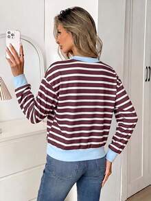Easowa Women's Street Casual Striped Colorblock Long Sleeve T-Shirt - Brown - View 2