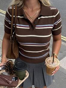 DAZY Women's Striped Fitted Casual Short Sleeve Knit Top - Brown - View 2