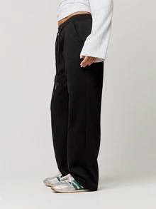 Musera Petite Flocking Wide Leg Joggers Tracksuit Bottoms Fall Autumn Winter Back To School Daily Everyday - Black - View 6