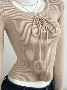 Dulcita Women's Autumn/Winter Round Neck Cross Tie Pom Pom Design Fitted Ribbed Knit Sweater, Cute Vibe - Khaki - View 4