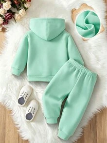 SHEIN 女嬰 2件套趣味蝴蝶與字母印花極簡風抓絨內裡連帽長袖衛衣與長褲，秋冬款 - 彩色 - 查看 2