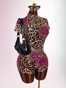 Amplova Leopard Print Bowknot Strap Fitted Short Sleeve Ruched Floral Semi-Sheer Sexy Women's Mini Bodycon Jumpsuit - Purple - View 9