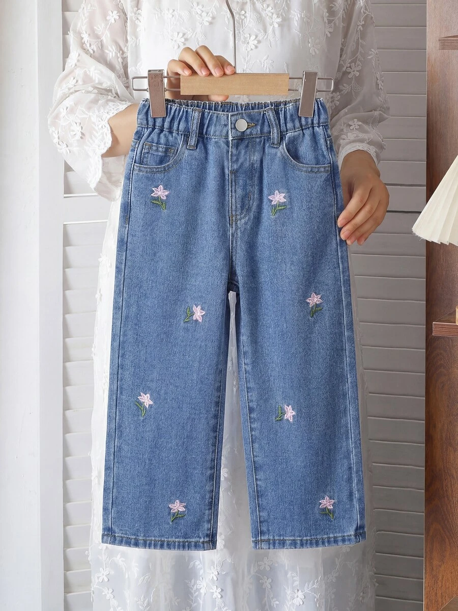 SHEIN Vintaside Kids (Young Girl) 牛仔長褲,時尚個性甜美復古可愛彩色花卉刺繡藍色水洗寬鬆直筒長褲,女士甜美風休閒度假下著 - 深色水洗藍 - 查看 1