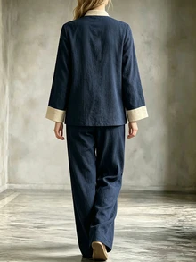 LUMIGAL Women's Colorblock Long Sleeve Top And Pants 2 Pieces Set Brunch Tea Party Navy Blue Summer Minimalist - Navy Blue - View 2