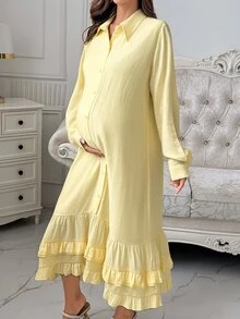 Dazy Maternity فستان حمل كاجوال بلون موحد فضفاض بأكمام طويلة وتفاصيل كشكشة مطوية، مناسب للعطلات، ربيع/خريف - أصفر - مشاهدة 2
