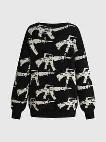 ROMWE Grunge Punk Women Allover Contrast Graphic Drop Shoulder Knit Sweater, Wide Neck Loose Fit Streetwear Pullover - Black - View 2