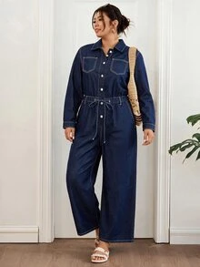 Lounesse Plus Size Women's Casual Daily Denim Jumpsuit - Blue - View 5