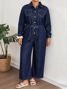 Lounesse Plus Size Women's Casual Daily Denim Jumpsuit - Blue - View 7