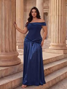 Coutiva Plus Size Women Solid Color Off Shoulder Ruched Elegant Waist-Cinched Formal Evening Gown Dress - Navy Blue - View 6