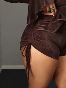Maweii Sexy Slim Fit Waist-Cinching Top And High-Waist Drawstring Mini Shorts, Plus Size Brown 2 Pieces Set - Coffee Brown - View 7