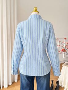 SHEIN EZwear Plus Size Casual Striped Single-Breasted Long Sleeve Shirt - Multicolor - View 3