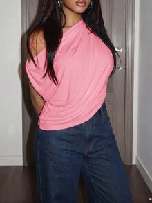 Slaydiva Slightly V-Neck Batwing Sleeve Sleeveless Shoulder-Slit Loose Fit White - Coral Pink - View 7