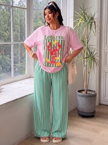 SHEIN EZwear 大尺碼女款字母龍蝦印花短袖T恤與條紋長褲休閒兩件套 - 棕色 - 查看 1