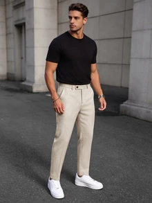 Manfinity Bizformal 2026春夏男士亞麻混紡百褶九分長褲，休閒商務與極簡風格 - 白色 - 查看 7