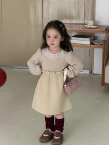 DAZY Baby Girl Round Neck Color Block Ruffle Cute Long Sleeve Dress - Beige - View 8