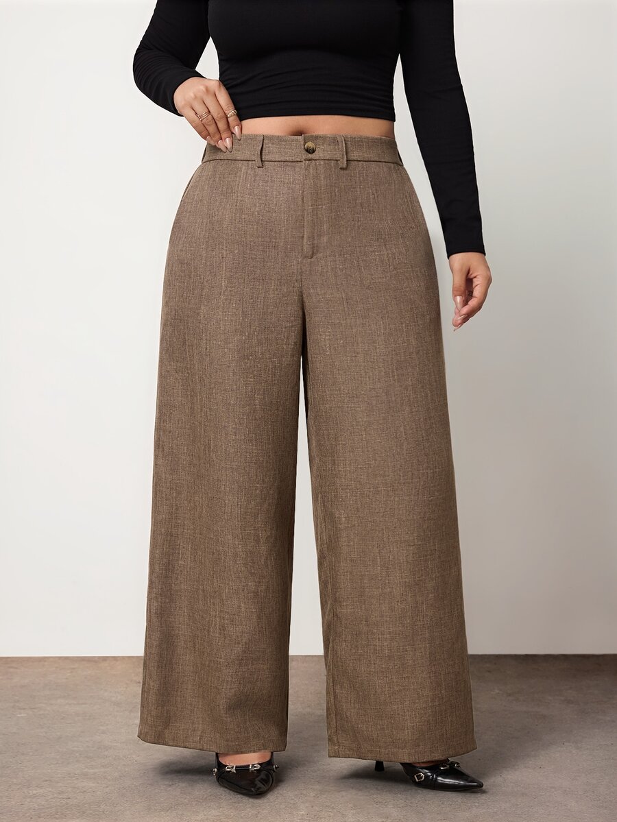 Enliva Plus-Size Women's Elegant Office Trousers, Chocolate Brown Apple,Rounded Body - Coffee Brown - View 1