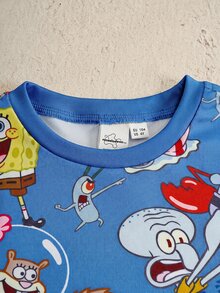 SpongeBob SquarePants | SHEIN 小男孩卡通印花短袖上衣與短褲居家服套裝 - 藍色 - 查看 3