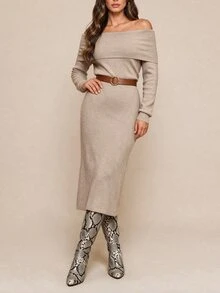 Amorya Women's Solid Color Off-Shoulder Casual Party Knit Dress - Khaki - View 6