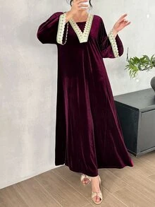Al Najma Solid Color Velvet V-Neck Embroidered Lace Trim 2 In 1 Loose Fit Flattering Full Skirt Elegant Women's Party Dress - Red Violet - View 6