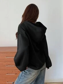 DAZY Women's Solid Color Pocket Casual Versatile Daily Long Sleeve Sweatshirt - Black - View 2