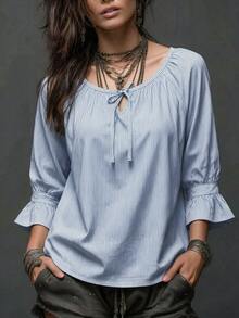 Breezaya 女款休閒海濱風百搭條紋前綁帶上衣，適合商務度假辦公，藍白條紋，秋季款 - 藍色 - 查看 3