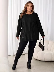 SHEIN CURVE+ تي شيرت نسائي مقاس كبير بتفاصيل ختم الحروف والوصل الخريف - الأسود - مشاهدة 7