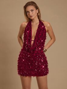 SHEIN Glamour 酒紅色亮片流蘇掛脖迷你洋裝，深V鏤空無袖緊身短洋裝，適合夜店派對、生日、雞尾酒會，夏季性感穿搭 - 酒紅色 - 查看 5