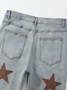ROMWE MEN 男士街頭風拼接刺繡口袋磨損牛仔長褲 - 藍色 - 查看 5