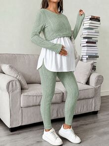 SHEIN 孕婦哺乳色塊上衣與可調腰長褲 2 件套 秋季 - 綠色 - 查看 7