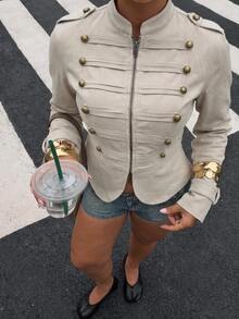 Muchica Plus Size Women Solid Color Casual Versatile Daily Long Sleeve Jacket Fall - Khaki - View 1