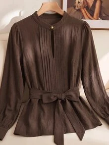 SHEIN Clasi Women's Solid Color Pleated Casual Versatile Daily Long Sleeve Shirt - Coffee Brown - View 5