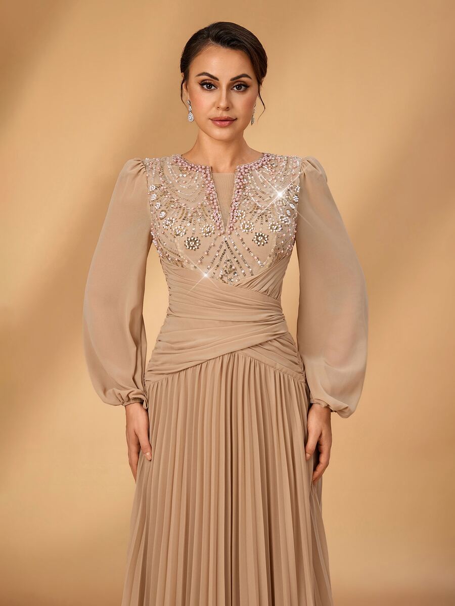 Serin Elegant Champagne Sequin Patchwork Chiffon V-Neck Long Sleeve ...