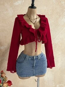 Soleia Áo len nữ bèo nhún màu đỏ cho Giáng sinh, Lễ Tạ ơn và Năm mới, áo len dự tiệc mùa thu đông - Đỏ - Xem 3