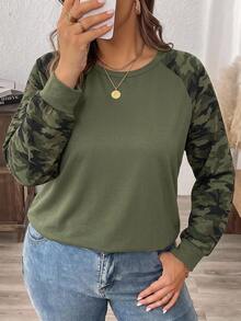 Comfylo Autumn/Winter New Teacher's Day Thanksgiving Camouflage Print Plus Size Women's Casual Raglan Sleeve Crew Neck Loose Fit T-Shirt Suitable For Spring/Autumn - Army Green - View 7