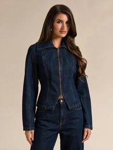 SHEIN BAE Women's Zipper Casual Versatile Everyday Denim Jacket - Blue - View 7