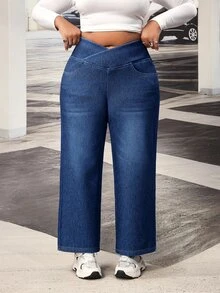 Lounesse Celana Jeans Denim Kasual Sehari-hari Wanita Ukuran Plus dengan Pinggang Asimetris - Biru - View 4