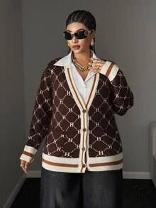 Maweii Plus Size Women's Letter Stripe Long Sleeve Single-Breasted Knit Cardigan - Coffee Brown - View 2