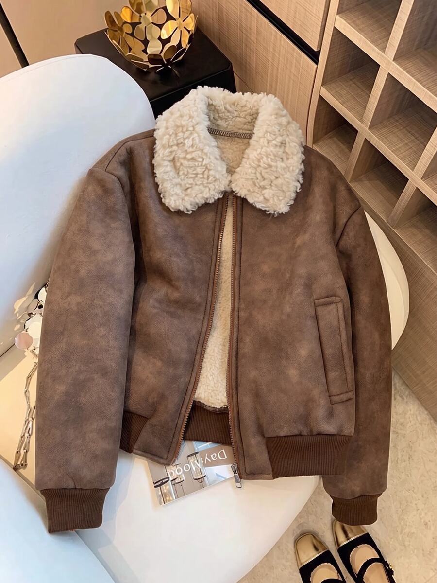 Elladie kids Tween女孩黑色拉鍊翻領羅紋袖口街頭風酷帥百搭機車PU皮革寬鬆夾克,秋冬穿搭 - 棕色 - 查看 1