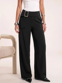 Avantive Women's Waist Buckle Design Straight Leg Loose Fit Long Pants Office Work Business Black Fall Casual - Black - View 4