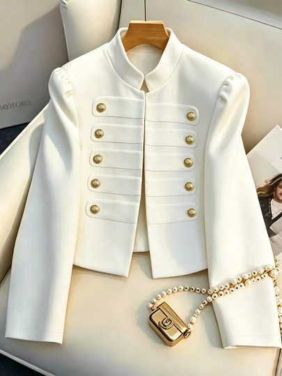 INAWLY Veste pour femme blanche à col montant, multi-boutons, manches pétales style Napoléon