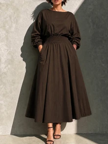 Linhara CURVE Round Neck Long Sleeve A-Line Skirt With Pockets Waist-Cinching Dress - Coffee Brown - View 1